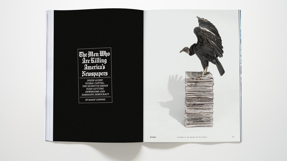 photo of magazine open to McKay Coppins's story "The Men Who Are Killing America's Newspapers" with vulture standing on stack of newspapers