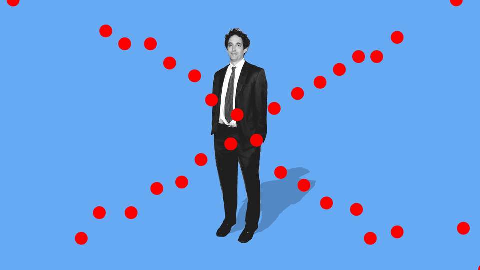 A graphic of Alex Berenson standing with an X of red dots over him.