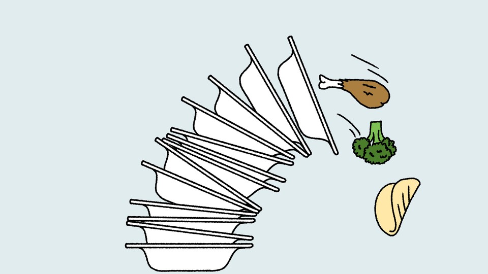 A stack of plates with a tortilla, a piece of broccoli, and a piece of chicken on it