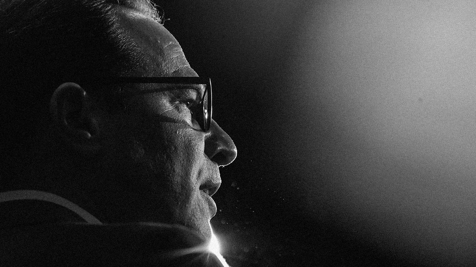 A black-and-white close-up photo of Josh Shapiro's face