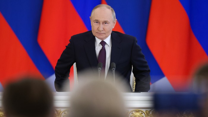 Russian President Vladimir Putin during Russian-Laotian talks at the Kremlin on July 31, 2025 in Moscow, Russia. President of Laos Sisoulith is on an official visit to Russia.
