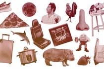 A collection of items including a pizza slice, shoes, a nose, and a chicken