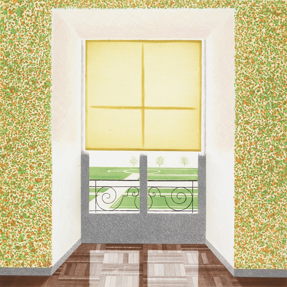 fine-art print with dappled orange, yellow, and green walls and central window, shade partway down, with formal garden beyond and reflective wooden parquet floor in foreground