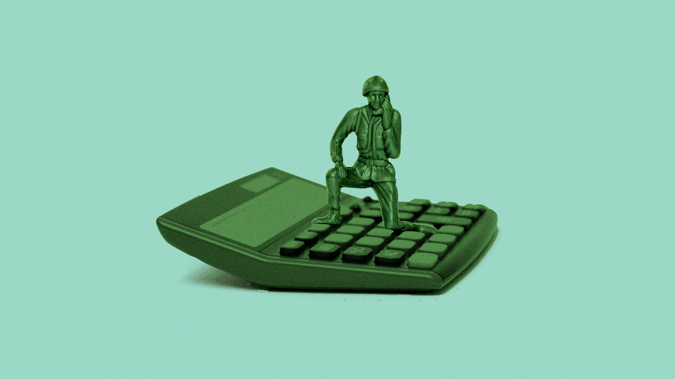 Illustration of an army figurine on top of a calculator.