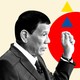 A profile black and white photograph of Rodrigo Duterte set against a background with red circles and blue and yellow triangles.