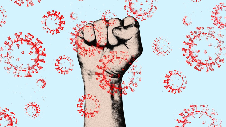 An illustration of a raised fist overset with stamped outlines of viruses