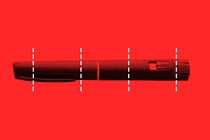 An Ozempic pen against a red background with white dotted lines dividing it into pieces