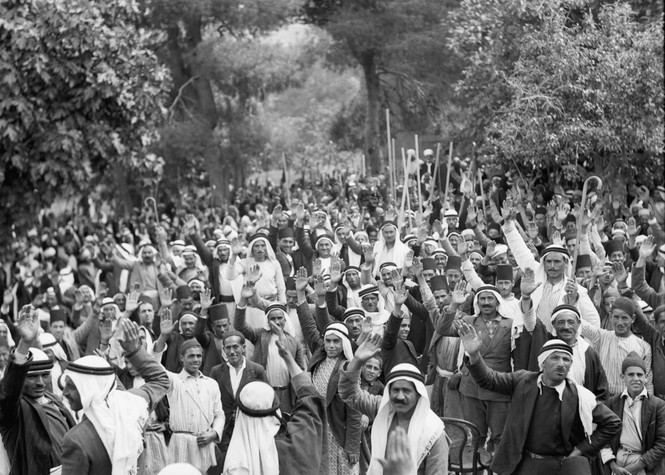 Palestinians at Abou Ghosh take the oath of allegiance to the Arab cause of fighting against Jewish immigration in 1936. (Matson Collection / Library of Congress)