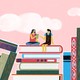 An illustration of two girls sitting on top of a giant stack of books.