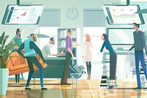 Illustration: journalists working under monitors of traffic statistics.
