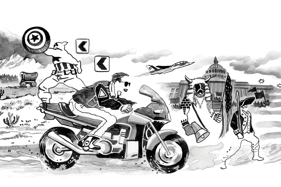 black-and-white pen-and-ink drawing: desert, Captain America with shield, Maverick racing his motorcycle by 'Top Gun' jet, the Q shaman in front of the Capitol
