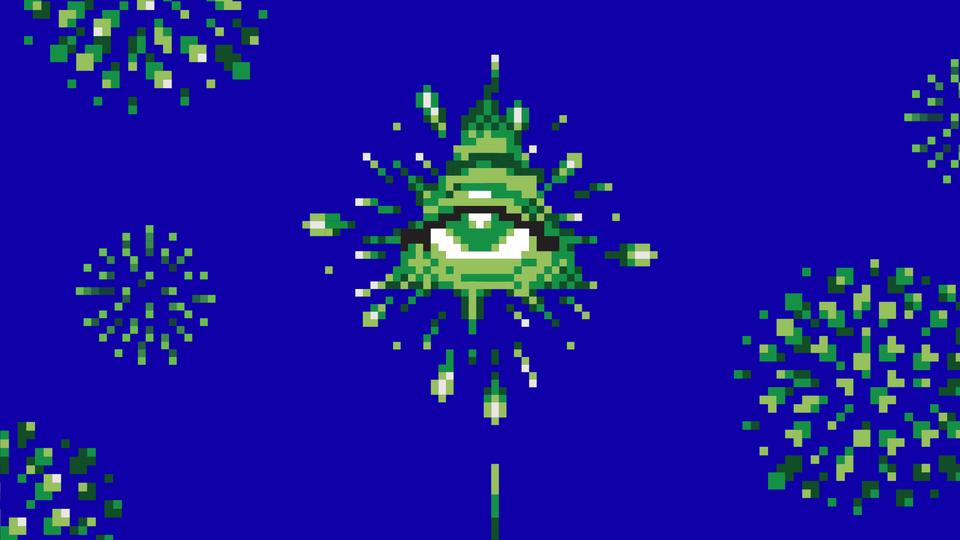 A pixelated image of fireworks forming the shape of the all-seeing eye.