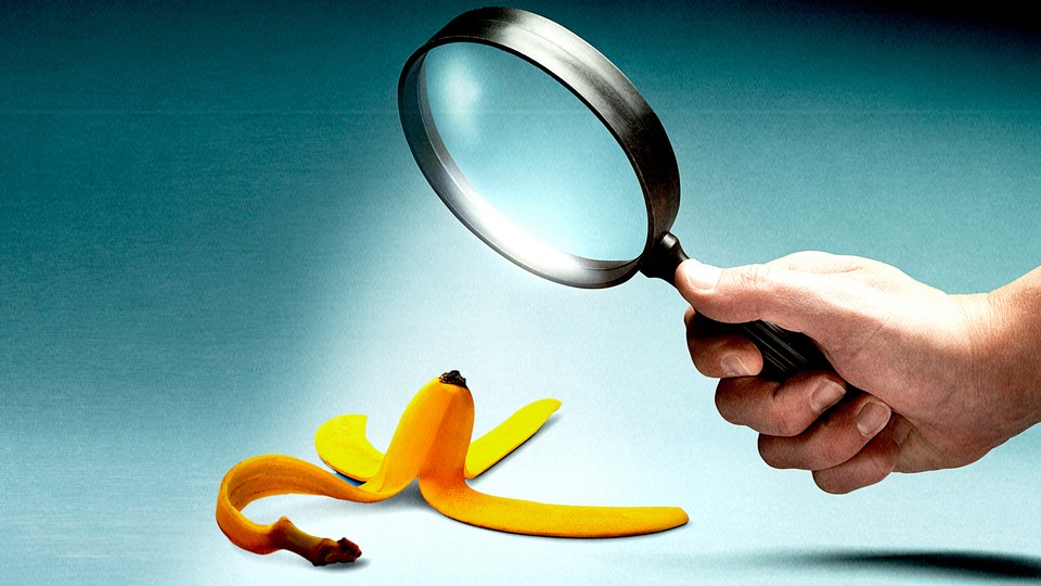 Illustration showing a hand holding a magnifying glass pointed at a banana peel on the floor (the kind that could cause someone to slip)