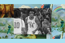The UCLA basketball forward Jalen Hill is cheered on by a stadium of fans after scoring against a rival team. The image is set into a frame featuring The Experiment’s show art