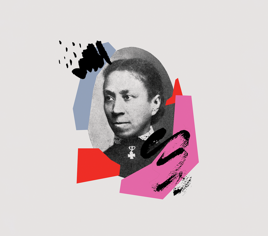 black-and-white portrait photo of woman with illustrated blocks of pink, red, and gray and black hand-drawn lines