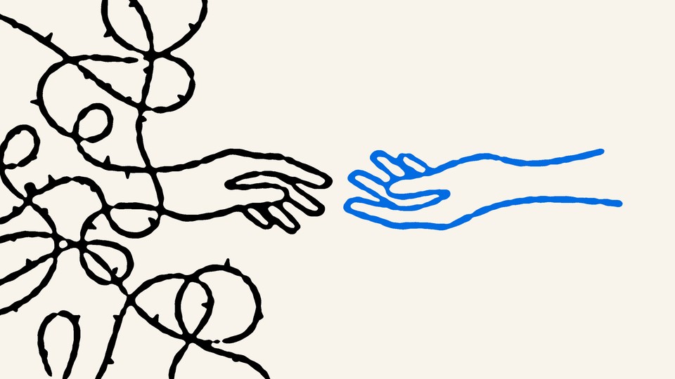 Illustration of a hand reaching out from barbed wire for another hand