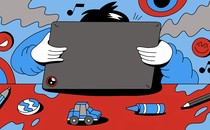 An illustration of a child banging their head against a laptop, leaning on a table with a toy car and a crayon