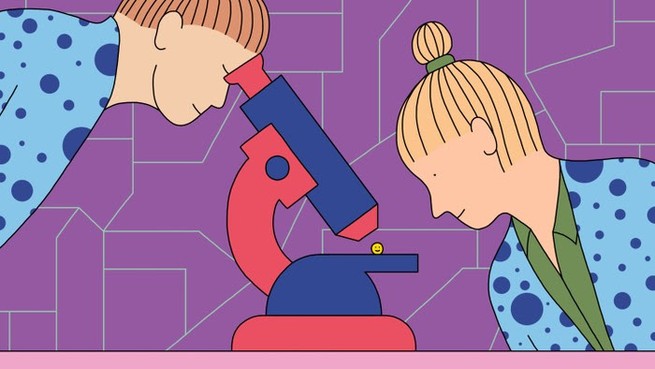 An illustration of two people wearing light blue shirts with dark blue polka dots, peering into a microscope. The background is purple.