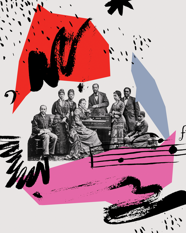 illustration with archival black-and-white photo of 3 men and 5 women in formal 19th-century clothing gathered around a piano, with hand-drawn musical symbols and illustrated blocks of red, gray, pink