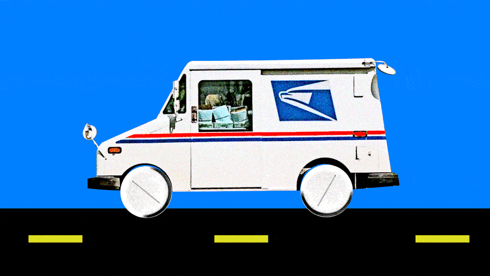 A mail truck rolls down the street, with pills for wheels.