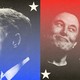 A photo splice of Bill Clinton on the left, in a blue gradient, and Elon Musk on the right, in a red gradient, with white stars scattered across both.