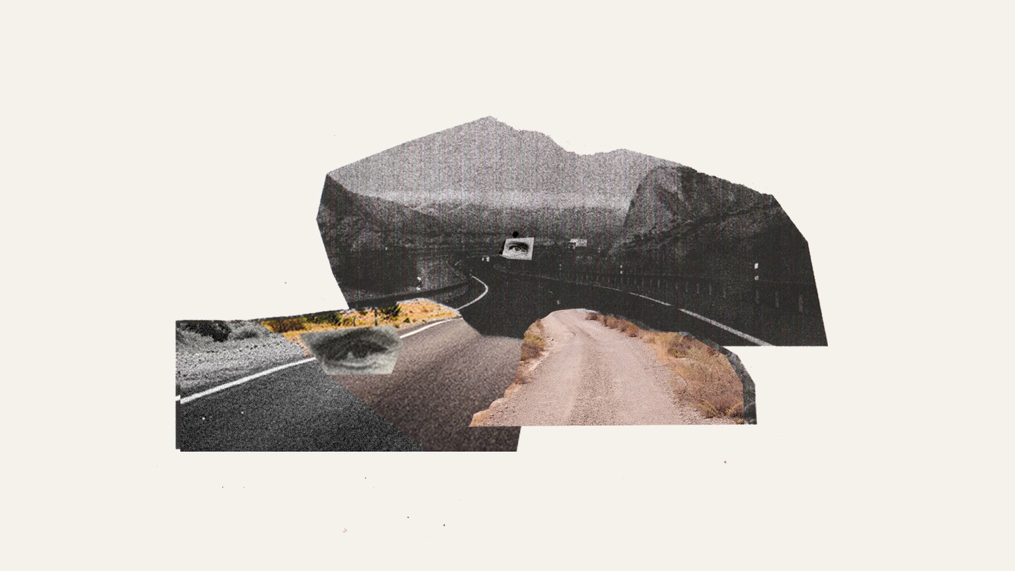 A collage of pictures of roads and mountains in the distance, with two eyes staring out