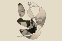 illustration of a swirled black line revealing parts of family photos of couple, close-up of face, city, and map on beige background