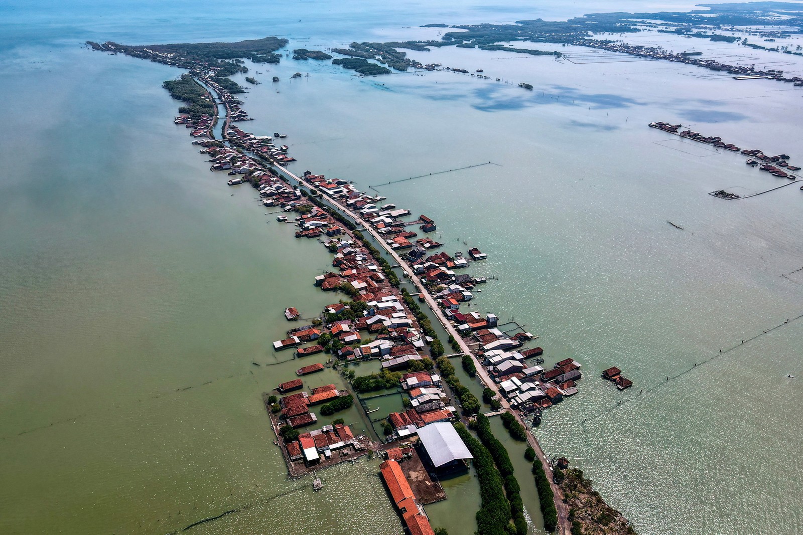 An aerial view of partially-submerged houses