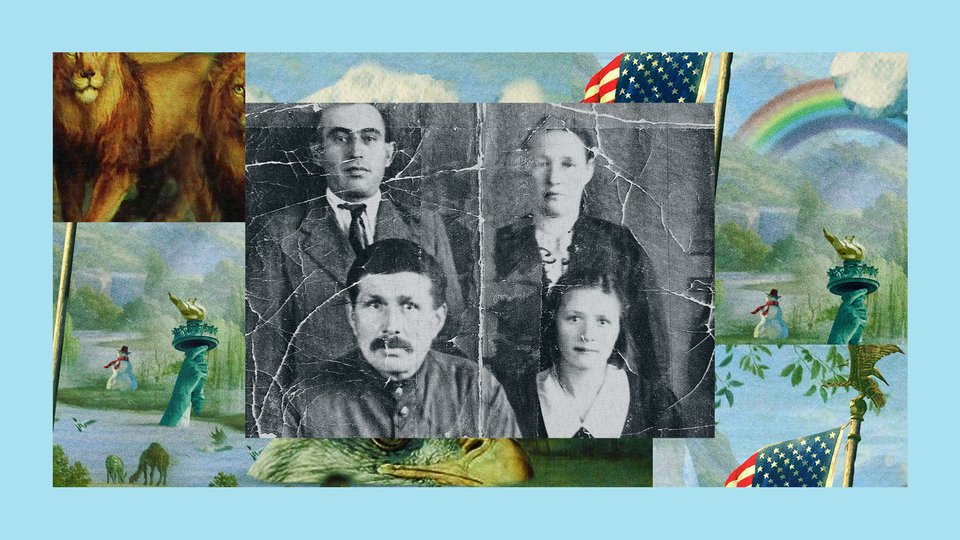 Franklin Foer’s grandfather poses stoically with the Ukrainian family that protected him from the Nazis in a faded black-and-white photograph. The image is set into a frame featuring The Experiment’s show art.