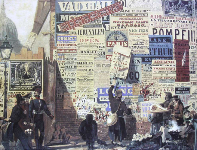 illustration of people pasting newspapers to a wall