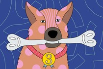 An illustration of a dog holding a bone in its mouth and wearing a third-place medal on its collar