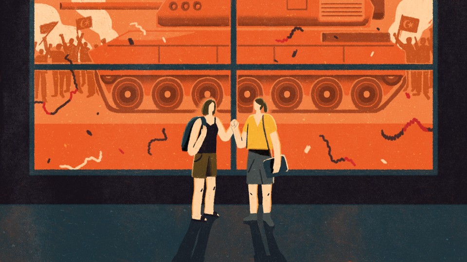 An illustration of two friends holding hands while a military tank drives by the window.
