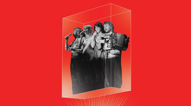 illustration of black-and-white image of Abba singing with mics and accordion in 3-D projected rectangle on red background