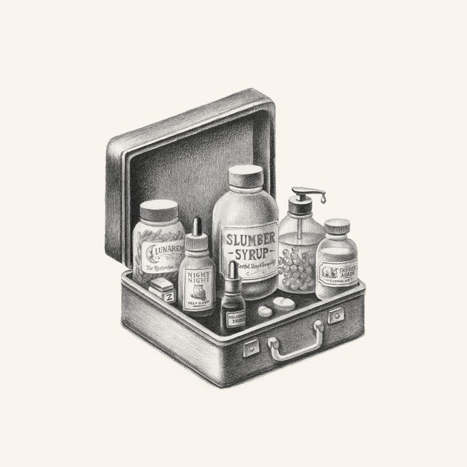 a sketch of a case full of different medical sleep aids