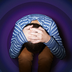 A child holding their head in the fetal position against a background of purple concentric circles