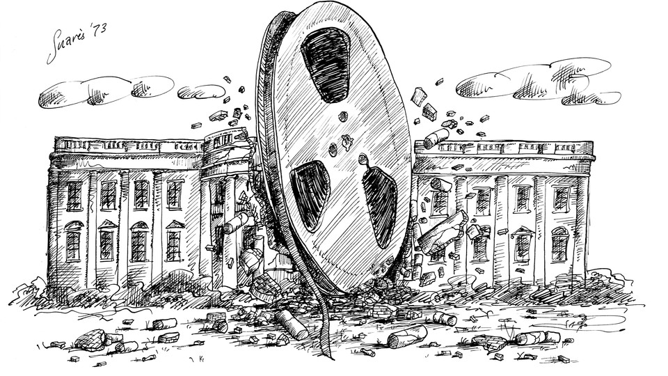 A 1973 political cartoon by Jean-Claude Suares depicts a huge reel of audio tape crashing into the White House.