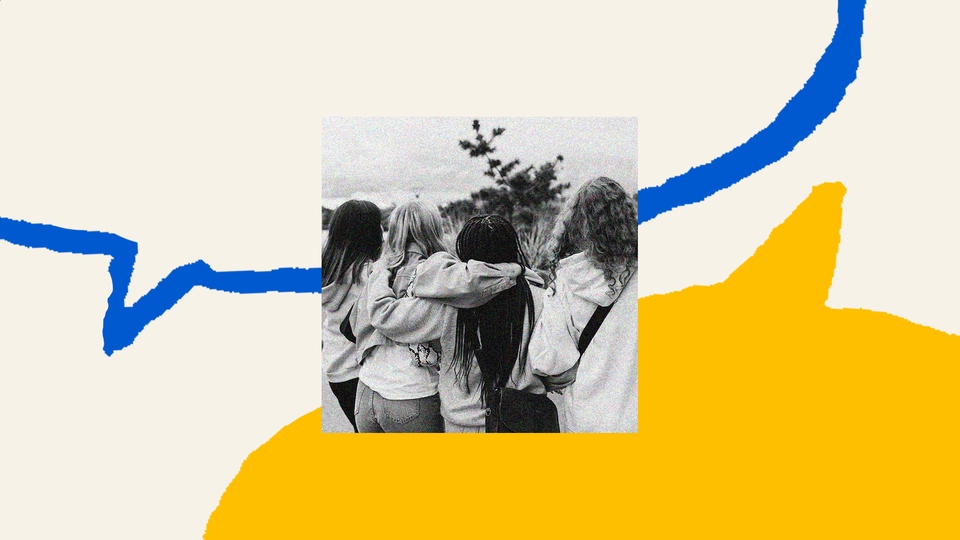 The outline of a blue speech bubble fills the top half of the screen. A second speech bubble is filled in all yellow on the bottom of the screen. In the middle of the two bubbles is a black-and-white photo of 4 college-aged women walking away from the camera. They are dressed casually with jeans and sweatshirts and each has hair that is a different color and texture hair from the others. They have their arms around one another. Their backs are to the camera.