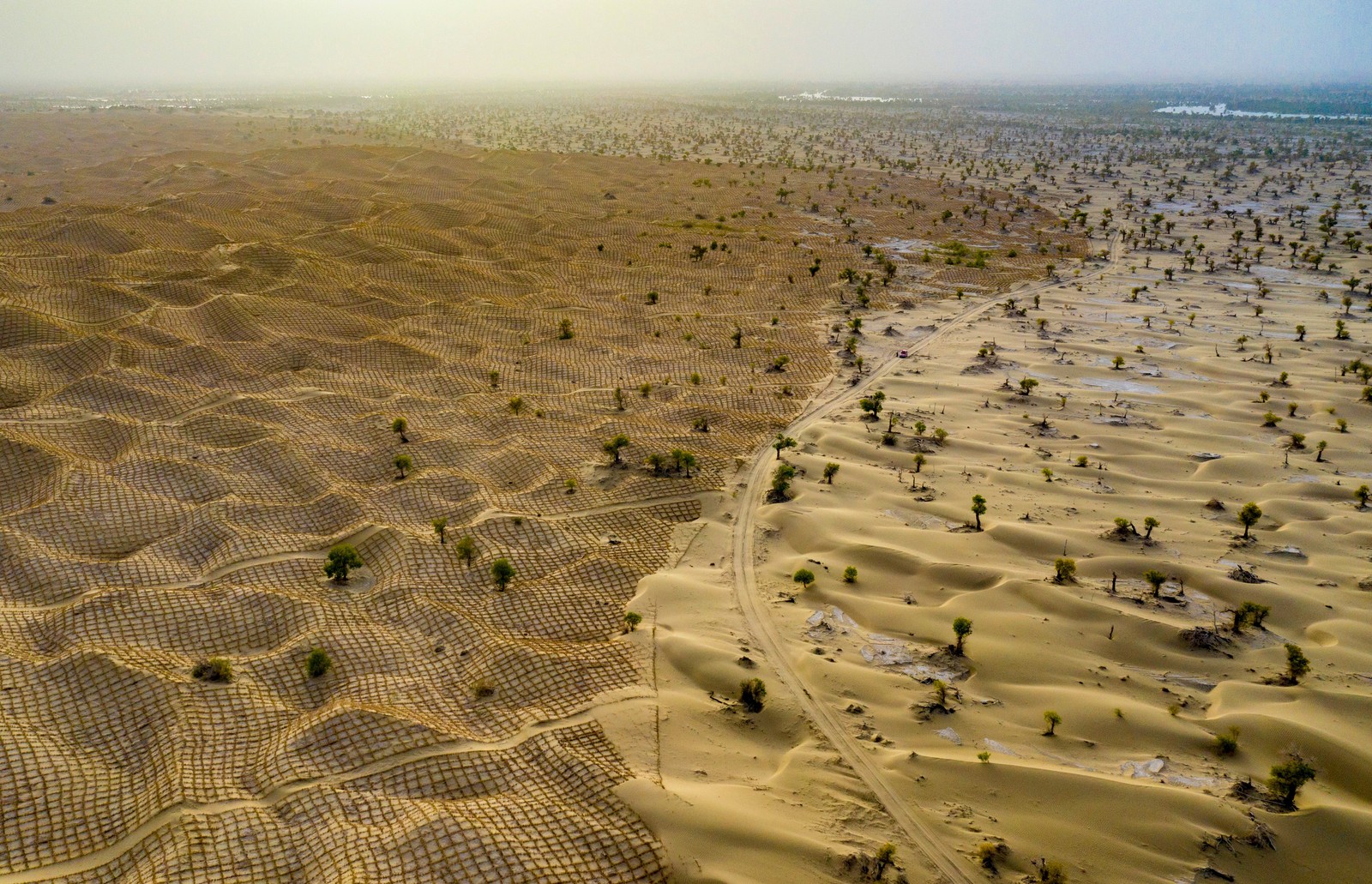 A drone photo of a road passing through sand dunes in a desert, the left side of the photo shows most dunes covered by a criss-cross pattern of straw windbreaks.
