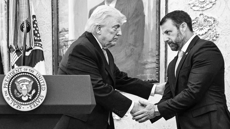 President Trump shaking hands with newly sworn in Secretary of Homeland Security Markwayne Mullin in the Oval Office