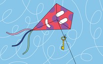 A kite with a smiley-face decoration and a key tied to its string