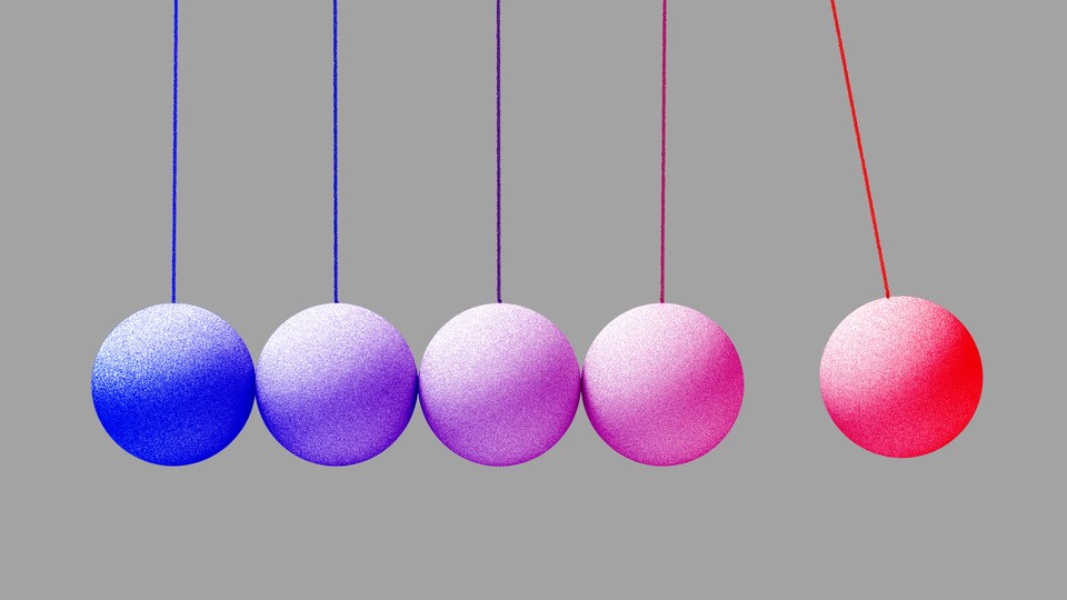 A graphic illustration of a Newton's cradle with many balls colored on a gradient from blue to red.