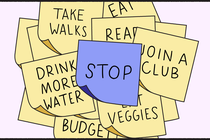 A pile of sticky notes with resolutions on them, including "Take walks" and "Join a club," with a purple note on top that says "Stop"