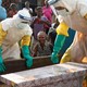 A mother of a child, suspected of dying from Ebola, cries near her child's coffin in Beni