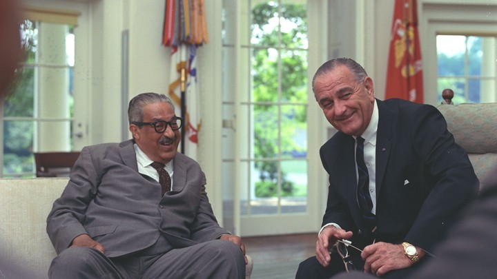 Thurgood Marshall sits with President Lyndon Johnson in the White House 