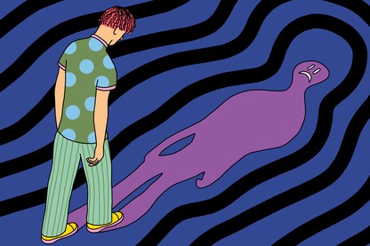 An illustration showing a young man walking with his shadow visible in front and a face of misery.