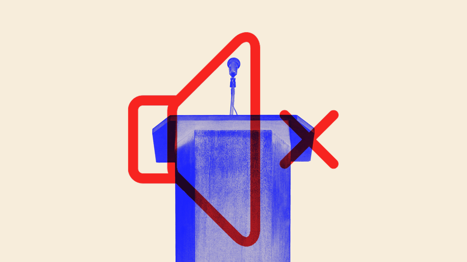 An illustration of a podium overlaid with a volume-mute symbol