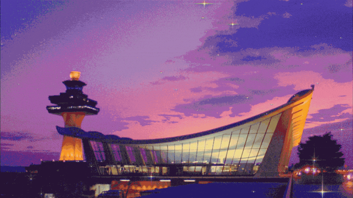 A stylized, dreamy sunset view of Washington Dulles International Airport