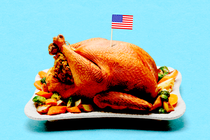 A Thanksgiving turkey with an American flag toothpick