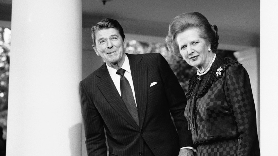 Former President Ronald Reagan and former British Prime Minister Margaret Thatcher at the White House in 1982
