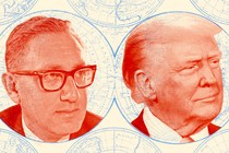 Photo-illustration of two red-toned headshots--one of Henry Kissinger and one of Donald Trump--over a world map.